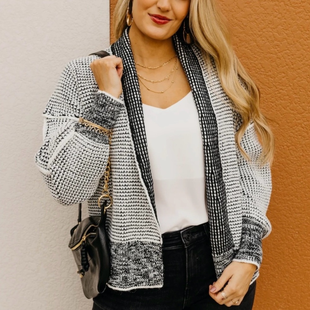 Black and White Women's Waffle Knit Cardigan